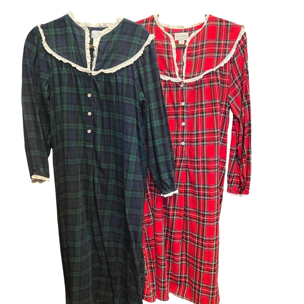 Lanz of Salzburg Girls Plaid Cotton Flannel Nightgown Set Red Green Lace 2pc S M
